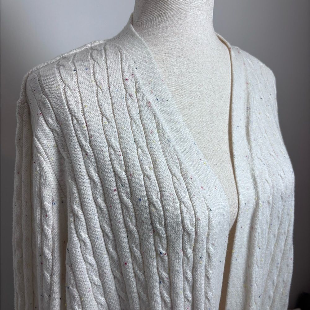 Kim Rogers L Cable Knit White Cardigan with Colorful Speckles Throughout